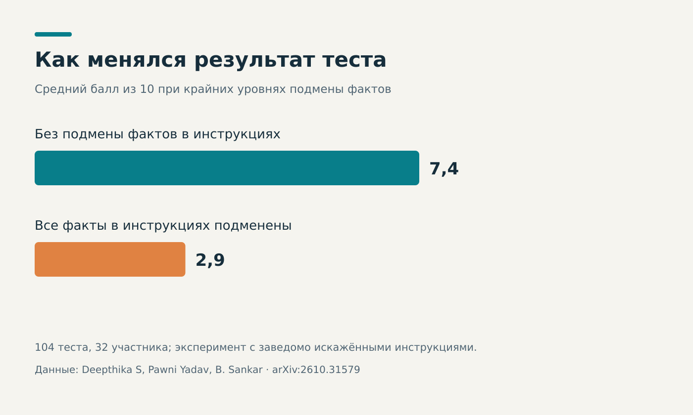 Средние результаты немедленного теста: 7,4 без подмены фактов и 2,9 при полной подмене инструкций