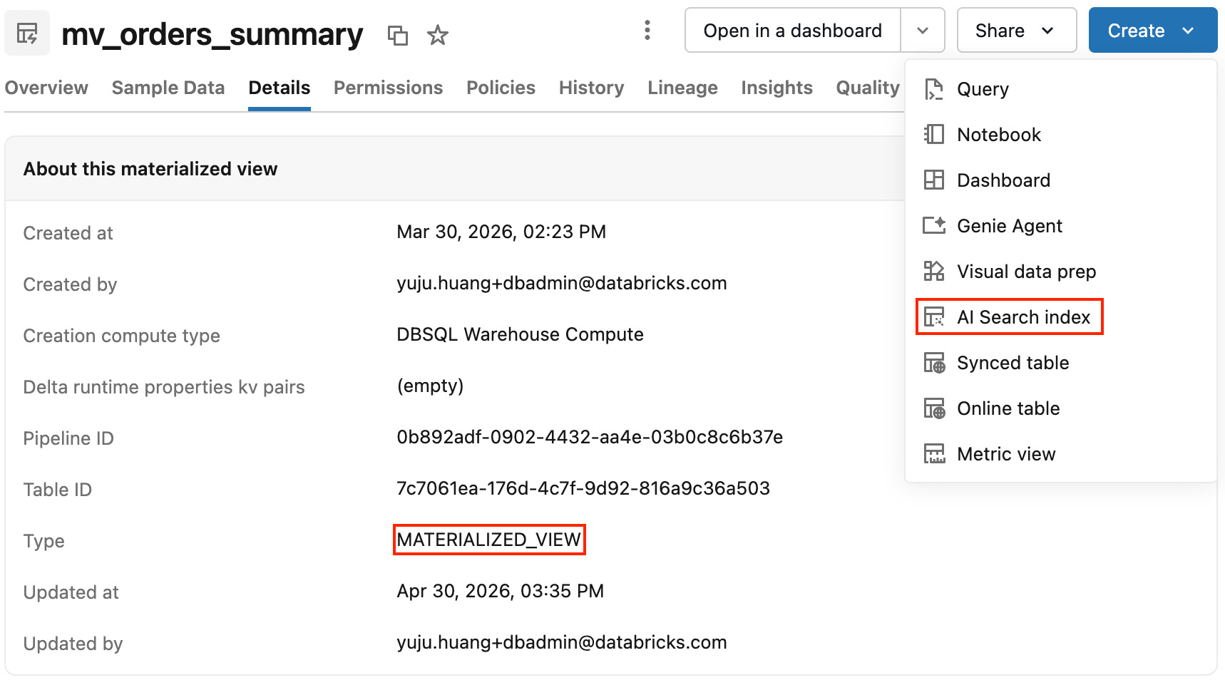 Официальный экран Databricks: в меню Create у materialized view доступен пункт AI Search index